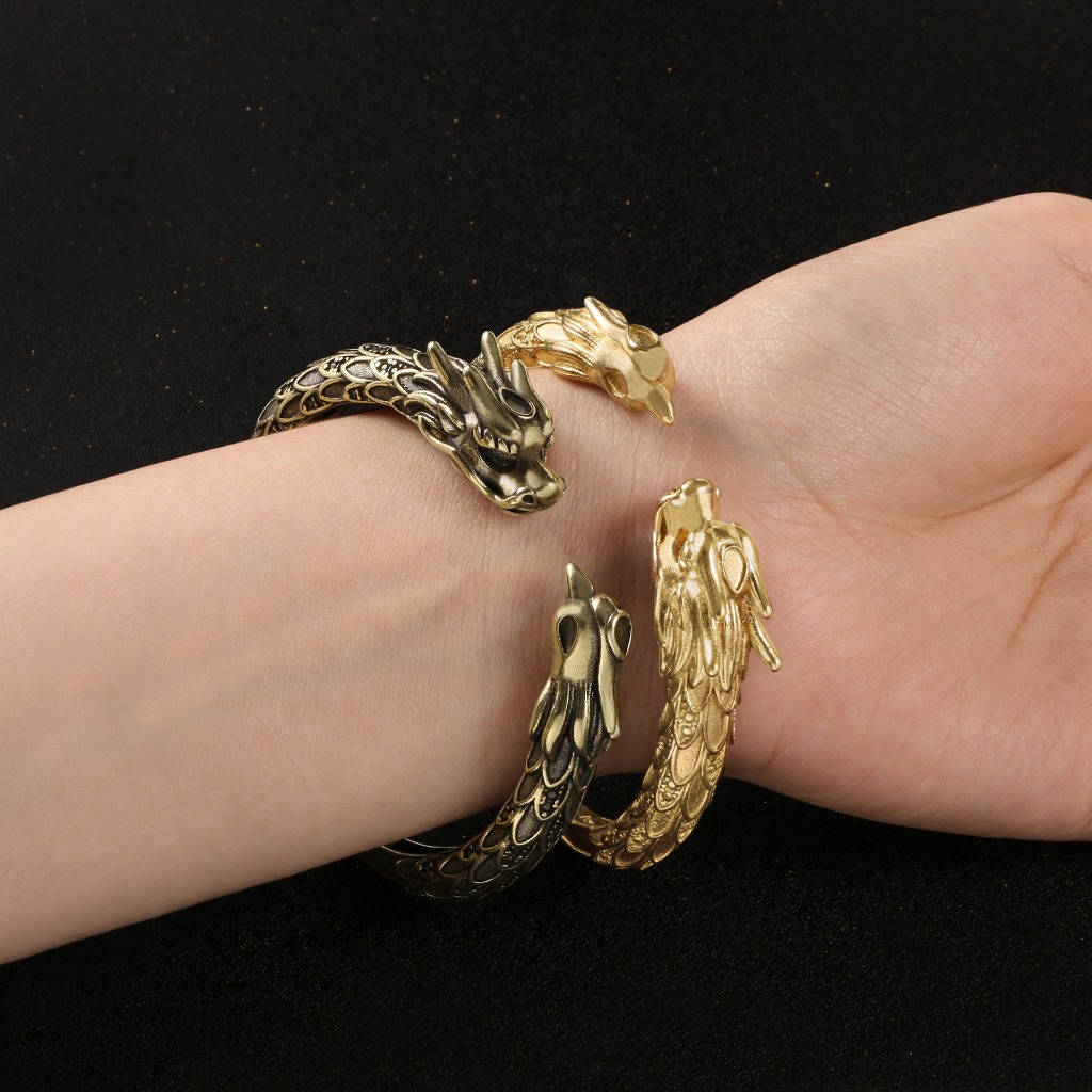 Retro ทองเหลืองมังกร phoenix หัวกําไลข้อมือสร้อยข้อมือลูกปัดสําหรับผู้ชายเครื่องประดับแฟชั่นอุปกรณ์เสริม Retro ทองแดงข้อมือสร้อยข้อมือผู้หญิงสร้อยข้อมือ