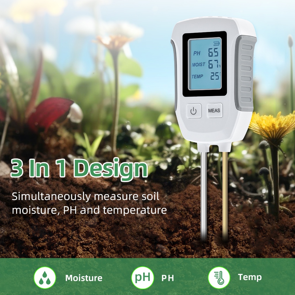 3 in 1 เครื่องวัดความชื้นในดิน พร้อมหน้าจอ LCD มีไฟพื้นหลัง - สีขาว