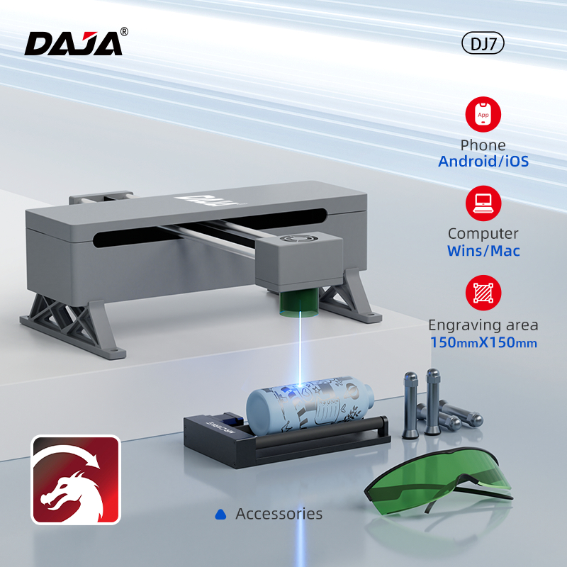 DAJA DJ7 5W เลเซอร์แกะสลักและตัด/Multi-Function/แก้วเซรามิค THERMOS โค้กการปรับแต่ง/แกะสลัก DIY ทำด้