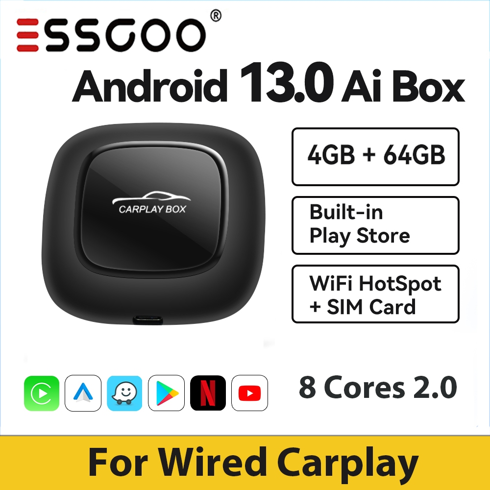 ESSGOO 8G+128G 2024 ตัวล่าสุด Android 13 CarPlay&amp;Android Autoไร้สาย 8-core Ai box รถยนต์