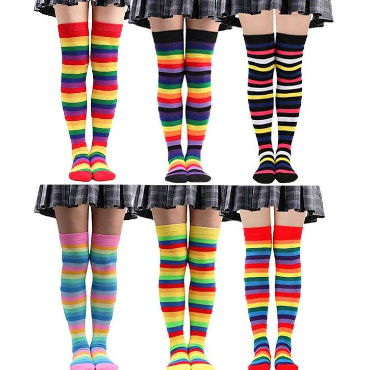 รุ้งโชคลายกว่าเข่าถุงเท้าสูงที่มีสีสันเซ็กซี่คืนเต้นรําถนนบุคลิกภาพต้นขาหลอดยาวผู้หญิงฮาโลวีนถุงเท้า