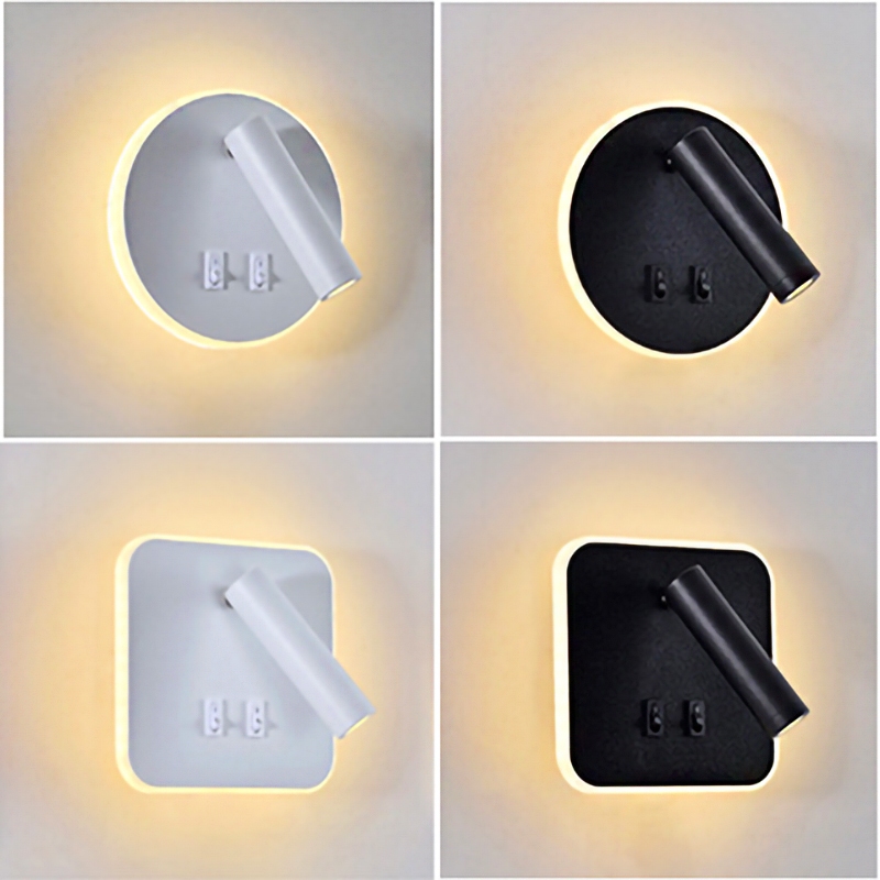 โคมไฟติดผนัง LED พร้อมสวิตช์สองสวิตช์แสงสัณฑ์ หมุนได้ 8W 3W 110V 220V ห้องนอนบ้านในร่มห้องนั่งเล่นศึกษาอ่านหนังสือส่องสว่าง