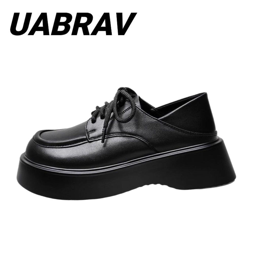 UABRAV.รองเท้าหนังขนาดเล็กหัวใหญ่ หัวกลมร้อยสไตล์อังกฤษสีดำหนาแต่เพียงผู้เดียวรองเท้าหนังขนาดเล็กผู้หญิงใหม่เท้าเหยียบรองเท้าส้นหนา(ขนาด:35-40)