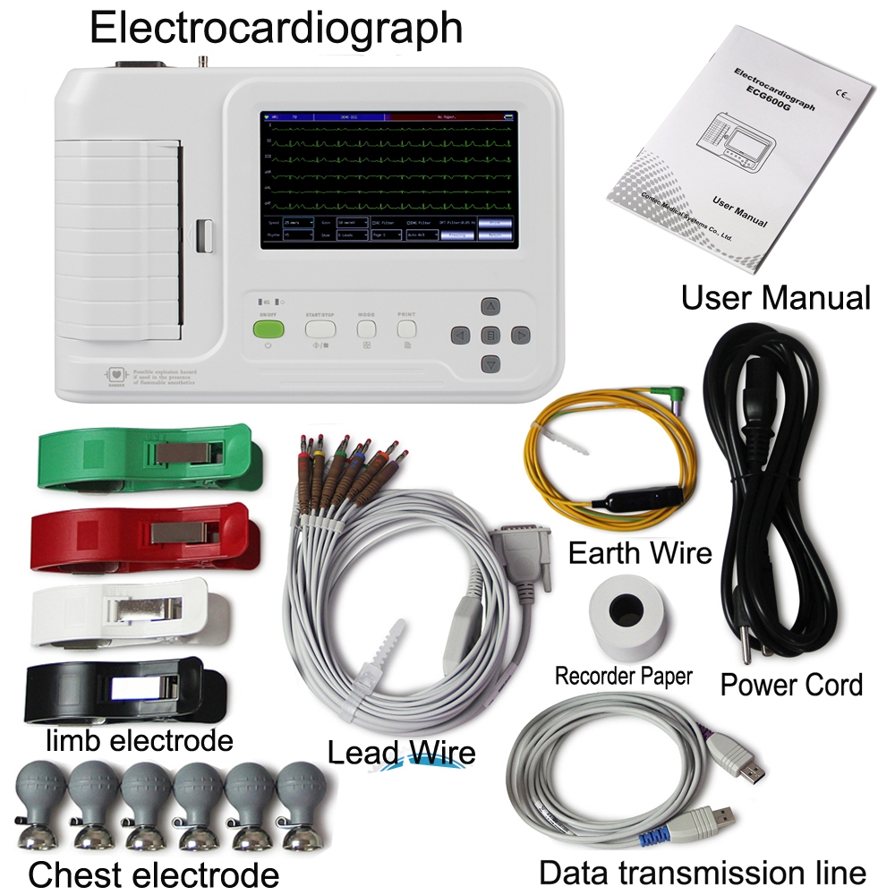 Ecg600g ECG เครื ่ อง CONTEC 7 เครื ่ อง EKG หน ้ าจอสัมผัส เครื ่ อง Electrocardiograph 6 ช ่ อง 12 ตะกั ่ ว เครื ่ องพิมพ ์ ฟรี paper🌹ECG Monitor