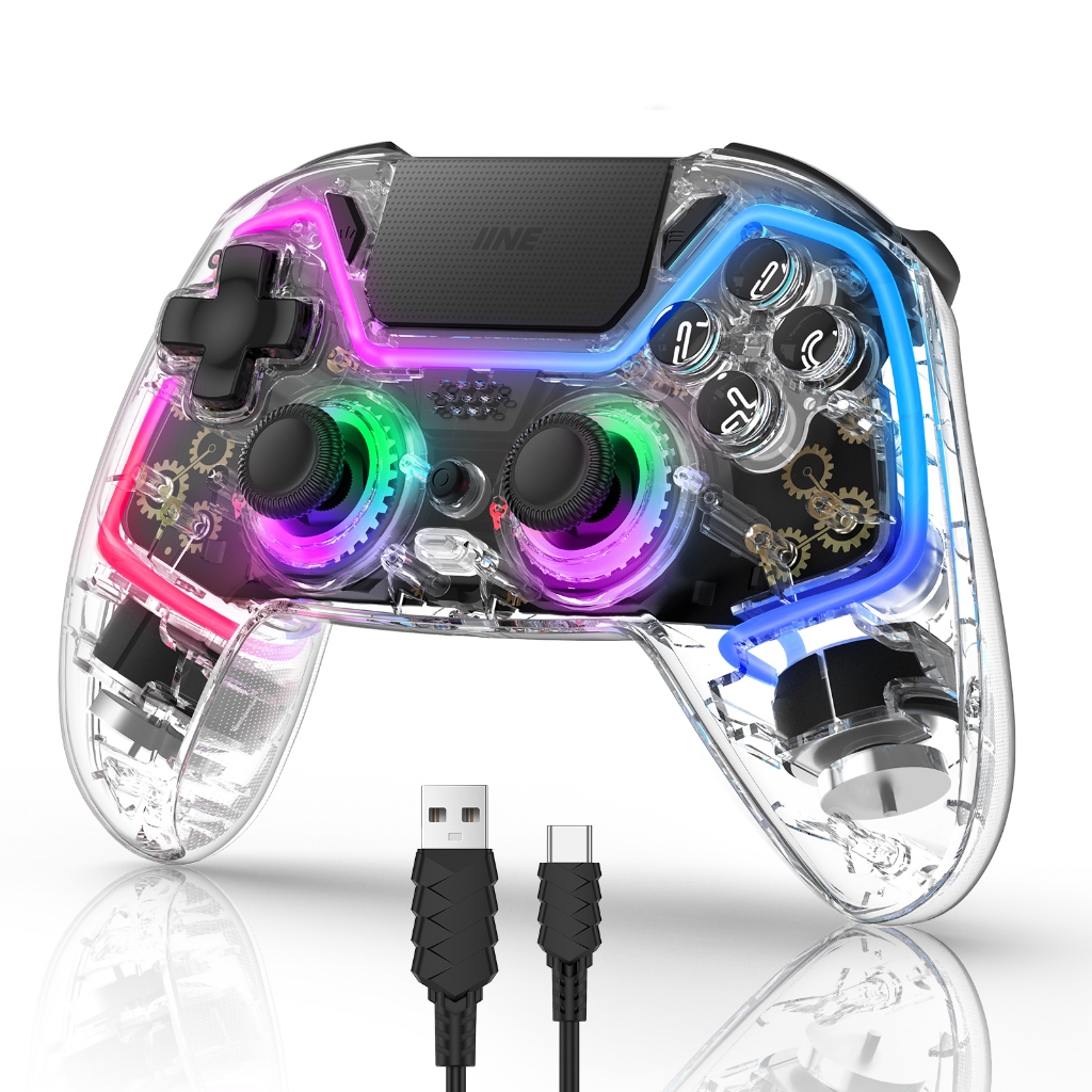 Iine Bastet คอนโทรลเลอร์โปร่งใสไร้สายสําหรับ PS4/สวิตช์/PC/Android/iOs พร้อม Touchpad Hall Effect Trgger Hall จอยสติ๊กแจ็คหูฟัง Macro & Turbo 6 แกน Gyro Sensor