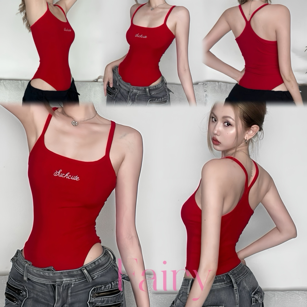 Fairy🍒（ไทยส่ง）ตัวอักษรสีแดงปัก Jumpsuit แขนกุดผู้หญิงเปิดเสื้อกั๊ก