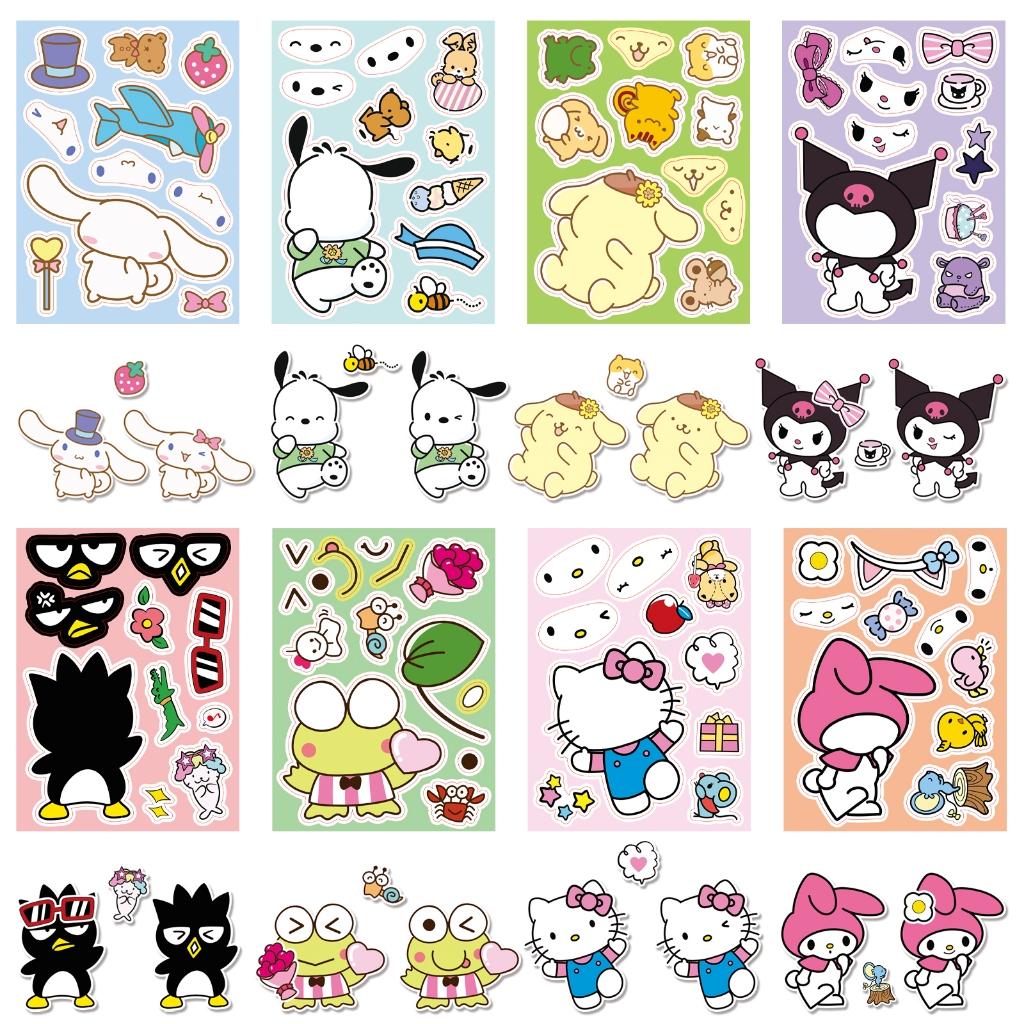 8 แผ่นตลก Make A Face Sanrio สติกเกอร์ Melody Hello Kitty Kuromi DIY สําหรับโทรศัพท์แล็ปท็อปรถสติกเกอร์ Creative Home สติกเกอร์