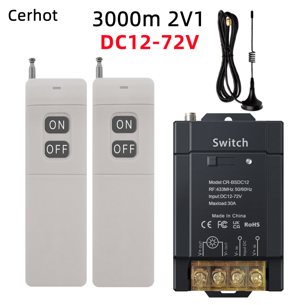 Cerhot สวิตช์ระยะไกลไร้สาย, DC 12V 24V 48V 72V,30A 5000W รีเลย์สวิตช์ RF ไร้สายสําหรับเครื่องใช้ในครัวเรือน, ปั๊ม, ไฟเพดานและอุปกรณ์ไฟฟ้าพร้อมระยะไกล 3000M