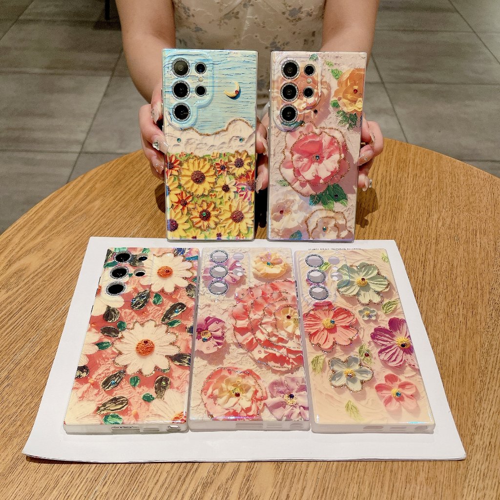 ความงาม สวน เคส Samsung Galaxy S22 S24 Ultra S23 Plus + มาพร้อมฟิล์มเลนส์ บลูเรย์ พลอยเทียม Case
