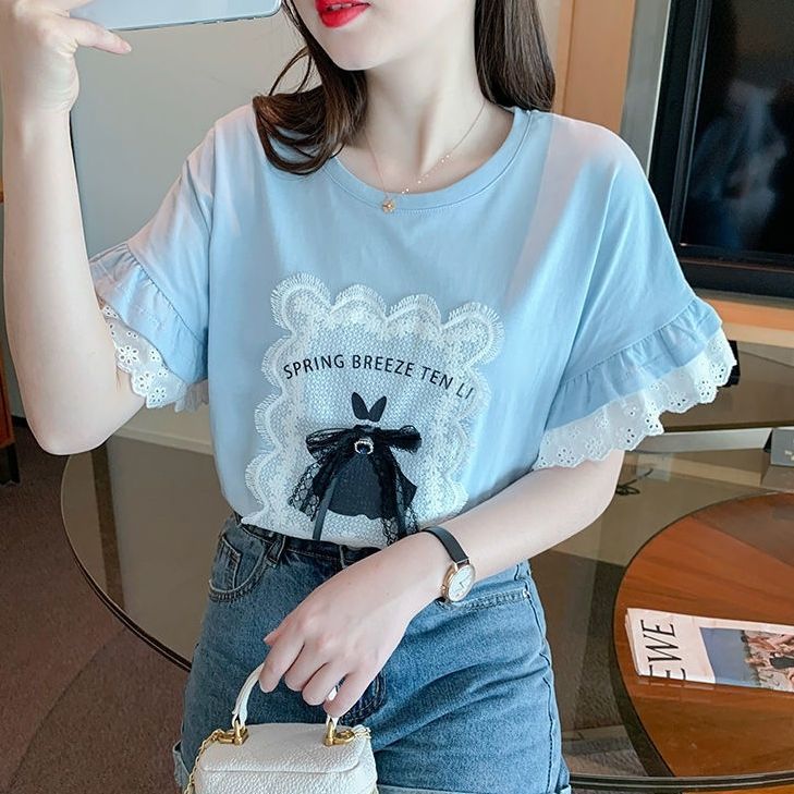 แฟชั่นสไตล ์ใหม ่ ผู้หญิง แขนสั้น เสื้อยืด หลวมฟองหวาน ลดอายุ เสื้อผ้ายอดนิยม