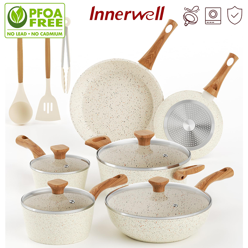 Innerwell หินแกรนิตสีขาว ไม่ติด ชุดเครื่องครัว เหมาะสําหรับชุดเตาทั้งหมด ชุดกระทะ ทําอาหารของขวัญ - (13PCS)