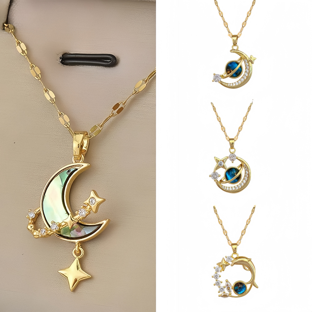 แฟชั่นสร้อยคอสแตนเลส Dolphin Star Moon Starry Sky Planet สร้อยคอ 18k Gold Plated สําหรับผู้หญิงเครื่องประดับของขวัญ Rhinestone