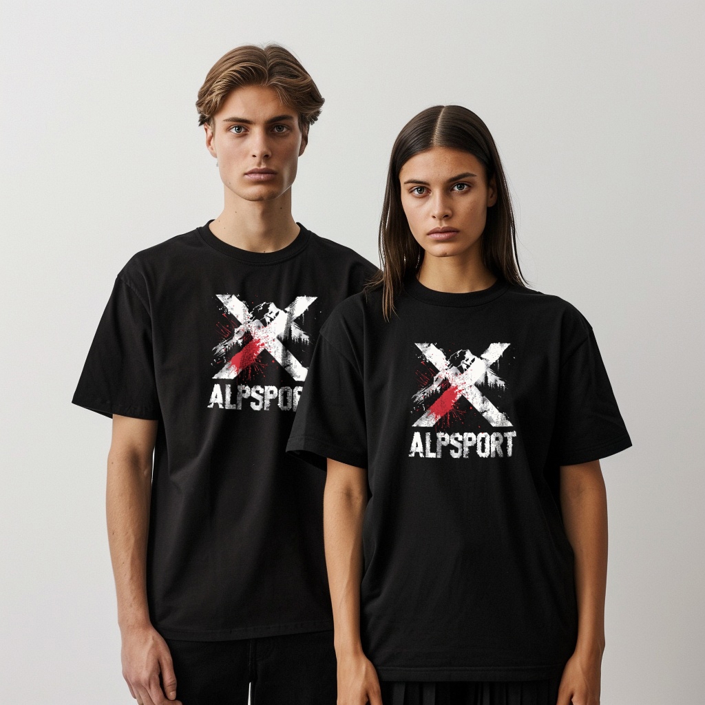 Alp X-ALPSPORT Oversize Men เสื้อยืดสีดํา 100% ผ้าฝ้ายแท้อเมริกัน High Street สไตล์ Drop-Shoulder Or