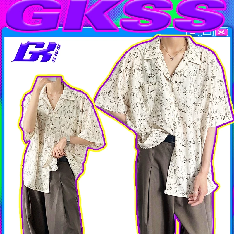 Gkss เสื ้ อเชิ ้ ตแขนสั ้ นผู ้ ชายลายดอกไม ้