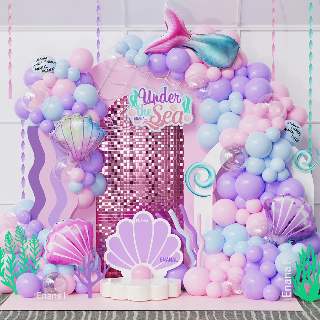 121pcs สีเขียวสีฟ้า Ocean บอลลูน Arch ชุด BoBo Seahorse Shark Shell Mermaid Sea สัตว์อาบน้ําเด็กเด็กสาววันเกิด Submarine Party