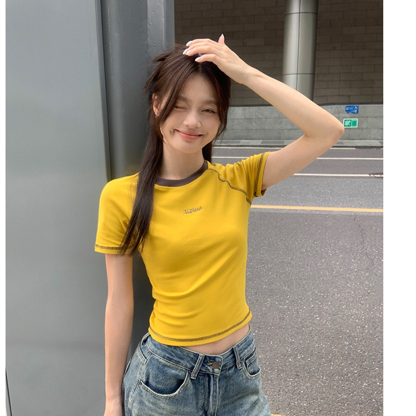 loveflower Retro ไหล ่ แขนสั ้ นเสื ้ อยืดผู ้ หญิงฤดูร ้ อนใหม ่ สีเหลืองสั ้ น Slim Fit Top