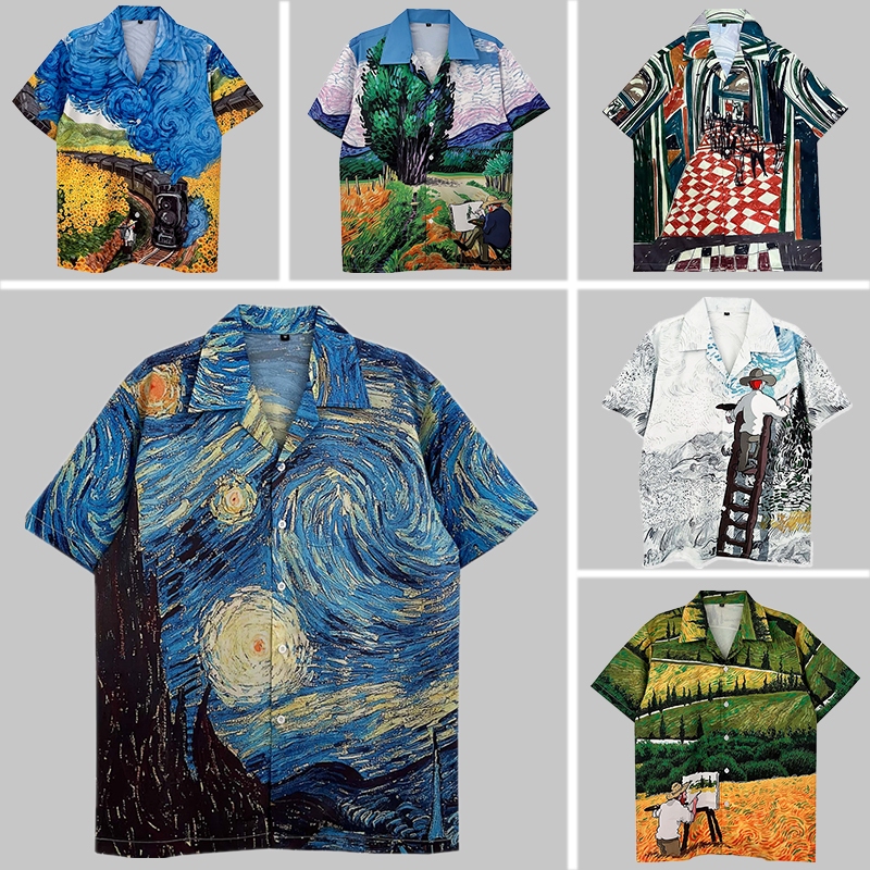 Dark Icon พิมพ์เสื้อฮาวายภาพวาดสีน้ํามัน Vintage Street เสื้อผู้ชายฤดูร้อน Turn-down Collar เสื้อเชิ้ตผู้ชาย