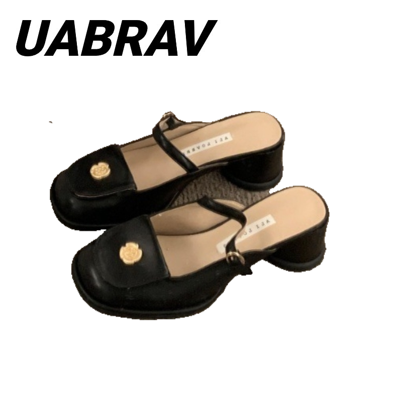 UABRAV.ฝรั่งเศสวินเทจกลิ่นเล็กส้นหยาบครึ่งรองเท้าแตะผู้หญิงหัวเข็มขัดแมรี่เจนรองเท้าส้นสูง(ขนาด:35-40)
