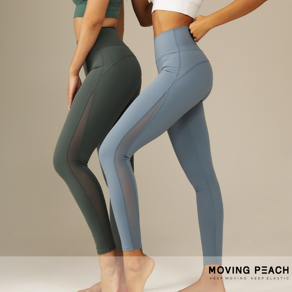 Moving PEACH ผู้หญิงกีฬาการบีบอัดกางเกงขายาวเอวสูงตาข่าย Panelling โยคะพิลาทิส Tights แห้งเร็ว Smooth ว่ายน้ํากางเกงออกกําลังกาย BLH