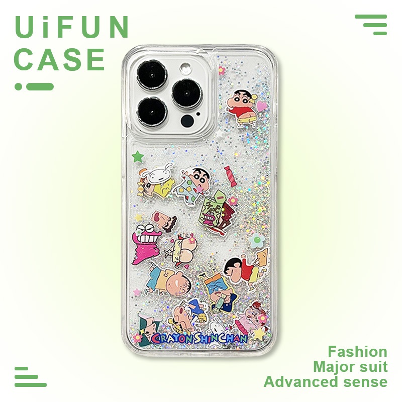 Glitter น ่ ารัก Crayon Shin-chan Puppy Slider Quicksand เคสโทรศัพท ์ สําหรับ iPhone 15 14 Plus 13 12 11 Pro Max Xs Xr X อะคริลิคฝาครอบด ้ านหลังกันกระแทกปลอก