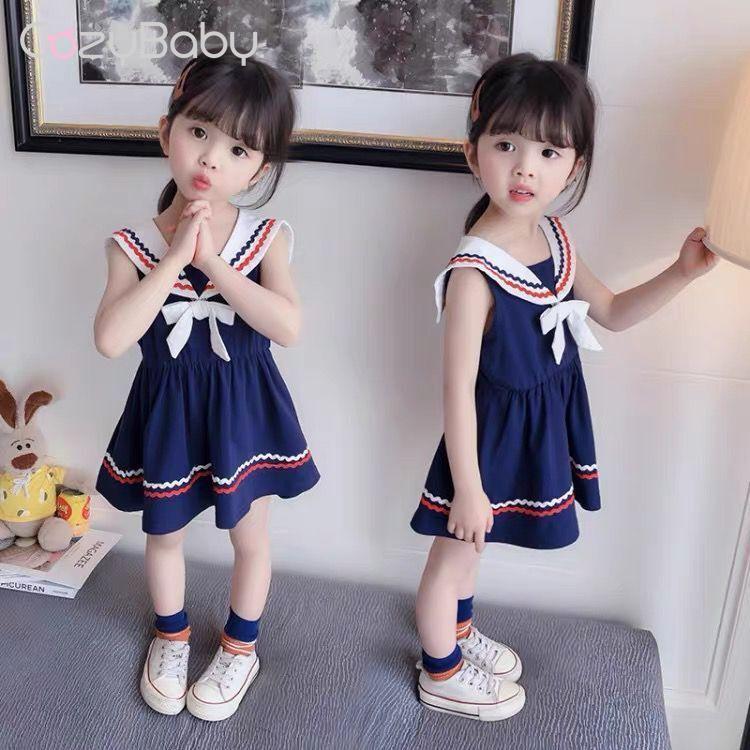 ชุดเด็กผู้หญิงฤดูร้อน Peter Pan Bowknot Navy Blue Dress