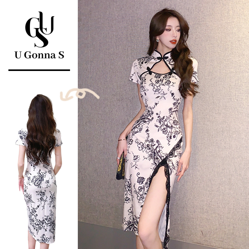 U Gonna S Cheongsam ชุด 2024 ยาวโมเดิร์นสําหรับผู้หญิงด้านข้างแขนสั้นคอจีน Bodycon Elegant เซ็กซี่แฟชั่นออกแบบ Slimming High-end ดอกไม้ยืด