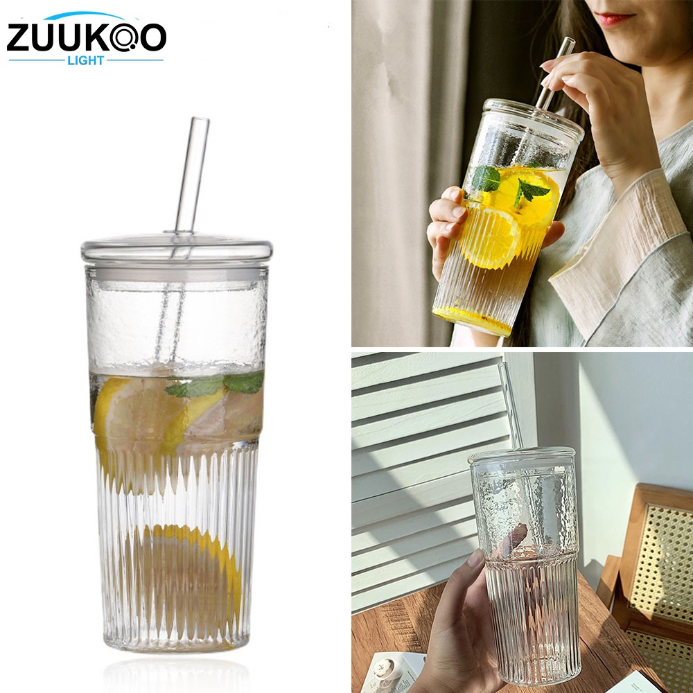 มีฝาปิดและฟาง 600 มล Zuukoo แก้ว พร้อมฝาปิด ลายทางแนวตั้ง เรียบง่าย ขนาด