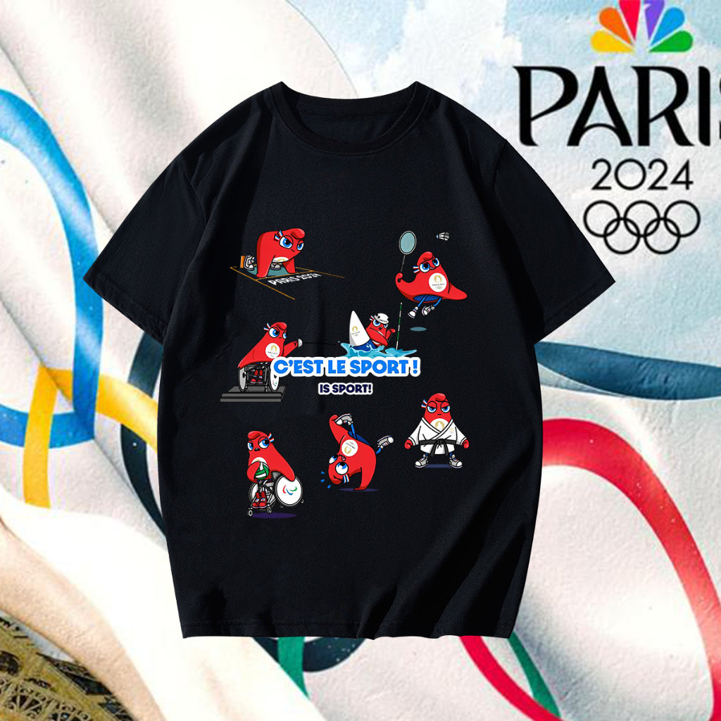 (🔥เสื้อเฮีย🔥)2024 Paris Olympics The Phryges T-shirt เสื้อมาสคอตโอลิมปิก ผ้าคอตตอน100%pa06