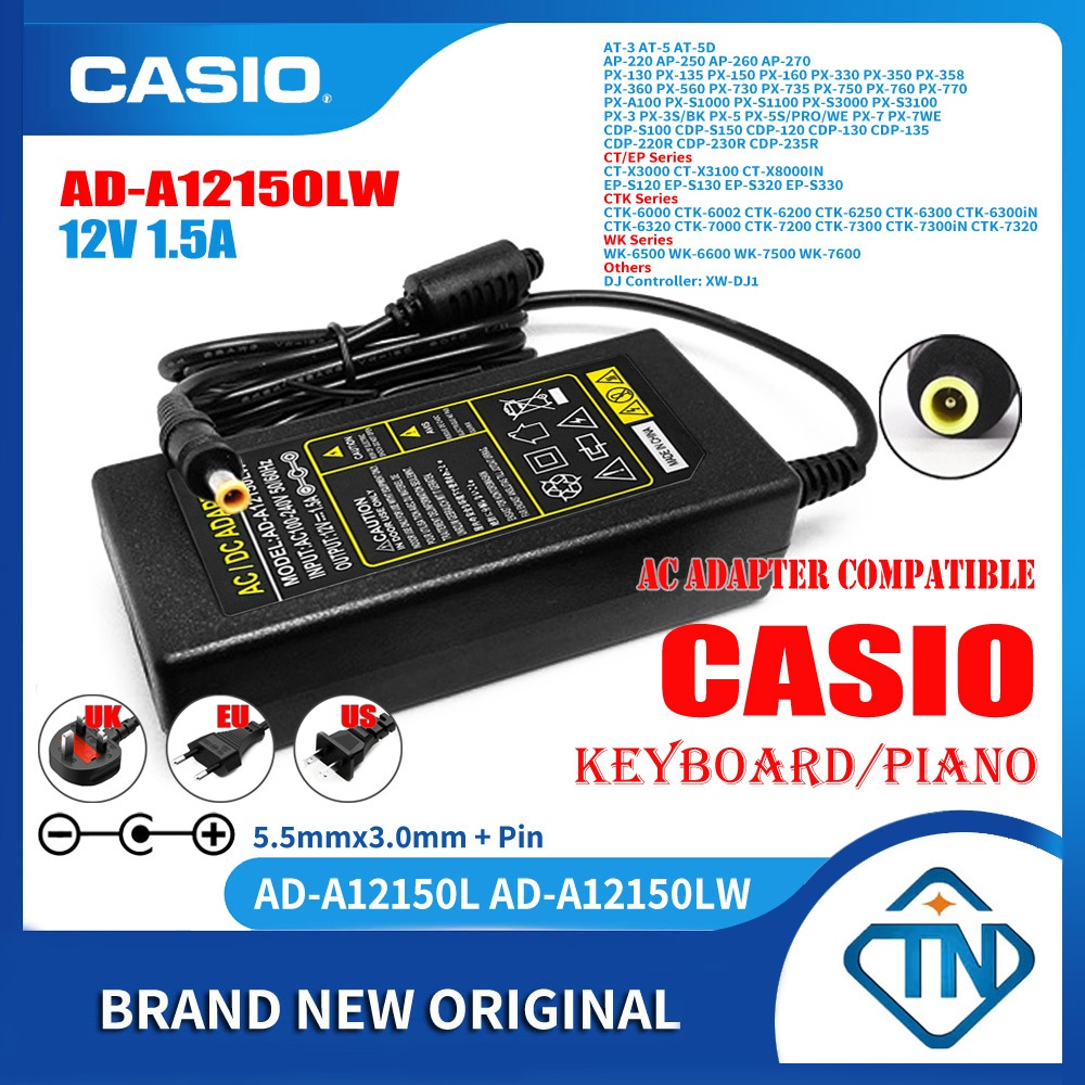 อะแดปเตอร์พาวเวอร์ซัพพลายเปียโนคีย์บอร์ด 12V 1.5A AC DC AD-A12150LW สําหรับ Casio CDP-235R CDP-S100 CDP-S150 BK WE CT-X3000 CT-X3100 CT-X8000IN