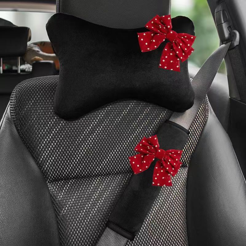 Red Bowknot Car Headrest Functional Neck Pillow Auto Head Cushion Travel Pillow, Car Tissues Box Case, Car Shoulder Protect Cover