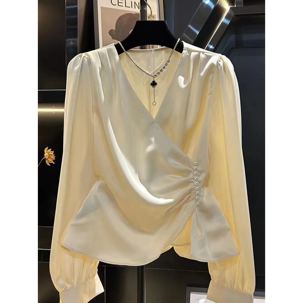 สไตล ์ เกาหลีผู ้ หญิงสุภาพสตรี Slim จีบไม ่ สม ่ ําเสมอเสื ้ อแขนยาวเสื ้ อ Baju Baju Wanita Lengan Panjang
