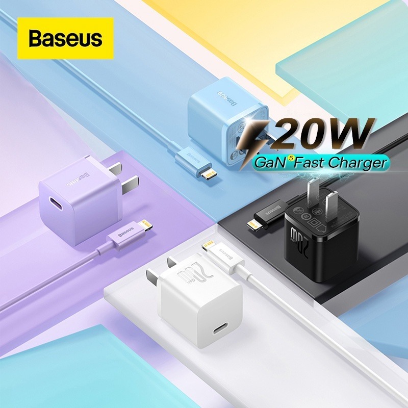 Baseus GaN5 PD 20W Fast Charger เครื่องชาร์จ USB C แบบพกพาพร้อมสายชาร์จ Type-C ถึง iP PD 20W