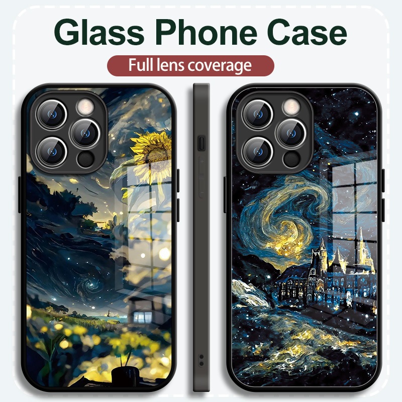 เคสโทรศัพท์กระจกแอปเปิ้ลคุณภาพสูง เหมาะสําหรับ ไอโฟน15 14 13 12 11โปรแม็กซ์ เคสโทรศัพท์สินค้าใหม่ยอดนิยมภาพสีน้ํามันสร้างสรรค์รูปแบบทิวทัศน์ไอโฟน เอ็กซ์อาร์ XSMax 7 8บวก 6ส บวกเคสโทรศัพท์ผู้ชายผู้หญิงกร