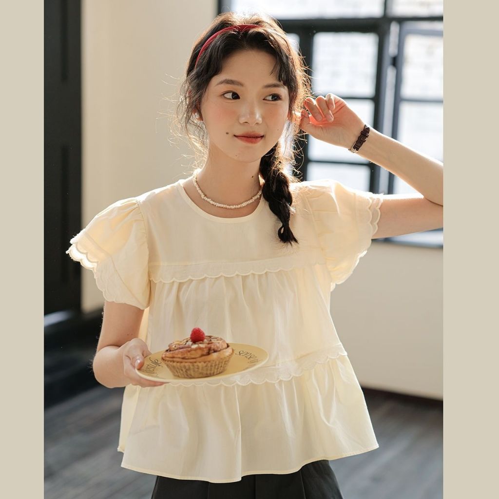 เสื้อเชิ้ต แขนสั้น ลําลอง ผ้าชีฟอง สีแอพริคอต สีขาว แฟชั่นสําหรับเด็กผู้หญิง Casual Top