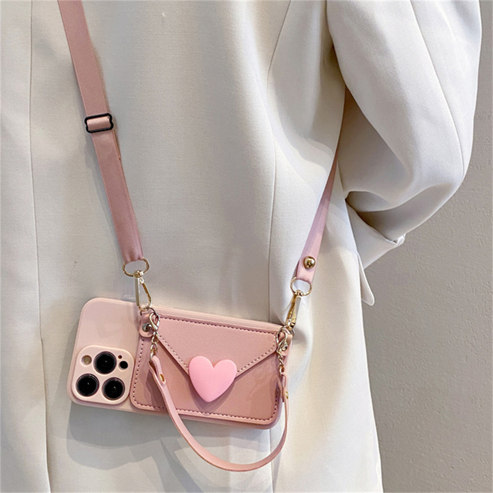 เกาหลี 3D Love Heart Crossbody สร้อยคอ Lanyard ผู้ถือสําหรับ iPhone 17 16 15 13 14 12 11 Pro Max 14 15 Plus XS Max ฝาครอบ