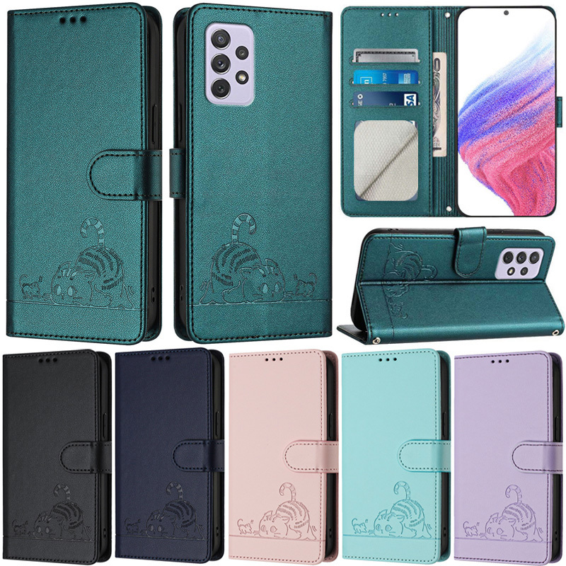 หรูหราสําหรับ Samsung Galaxy A52 A72 A52s A22 5G S20 Ultra 5G A12 A13 M34 M54 M14 M55 C55 5G A32 4G S20 Plus แมวน่ารักกระเป๋าสตางค์ช่องใส่การ์ดหนังฝาครอบ