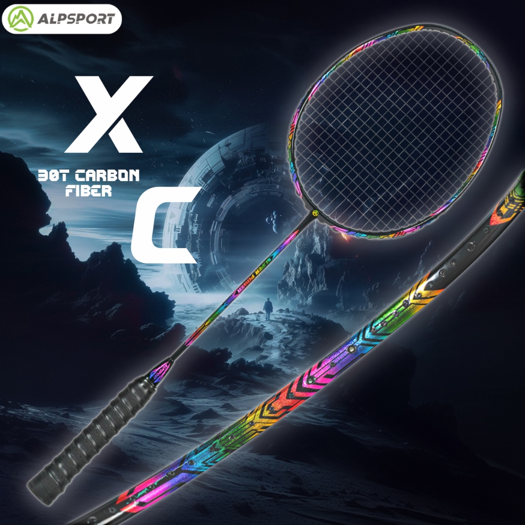 Alp XC 4U ไม้แบดมินตันคาร์บอน 100% รับน้ําหนักได้เต็มที่ 32 ปอนด์ น้ําหนักเบา พร้อมสายเอ็น หลากสี