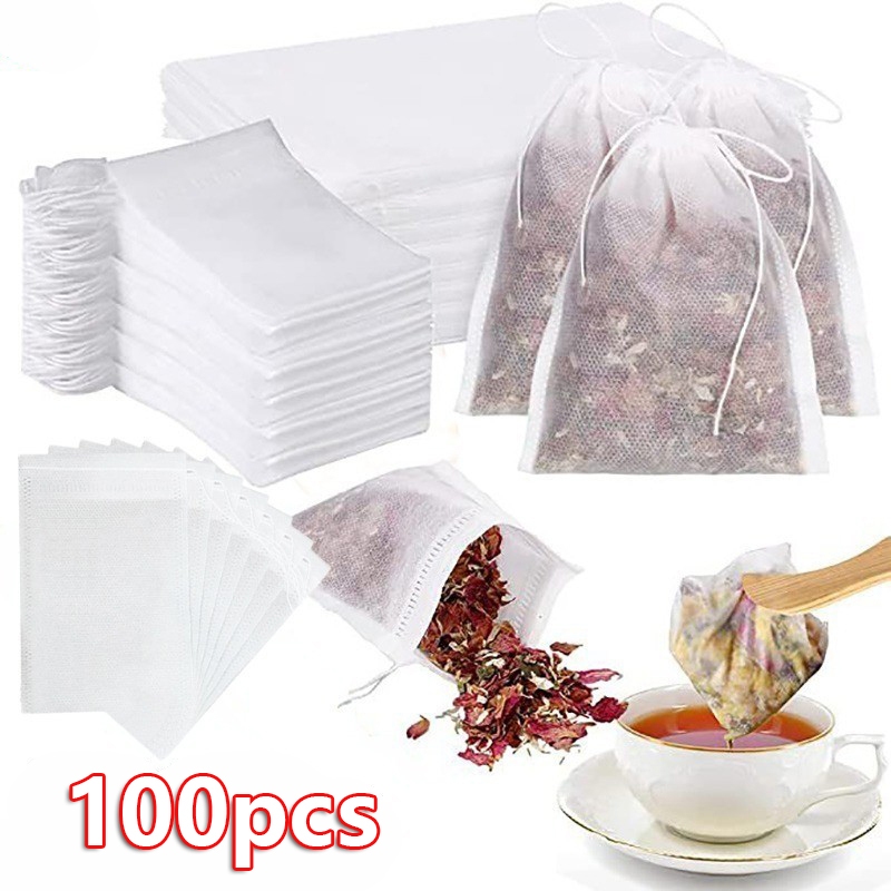 100 ชิ ้ นไม ่ ทอทิ ้ งถุงกรองชาที ่ ว ่ างเปล ่ าเกรดอาหารผ ้ าฝ ้ าย Drawstring ซีลกรองถุงชาสําหรับเครื ่ องเทศหลวมชา Infuser