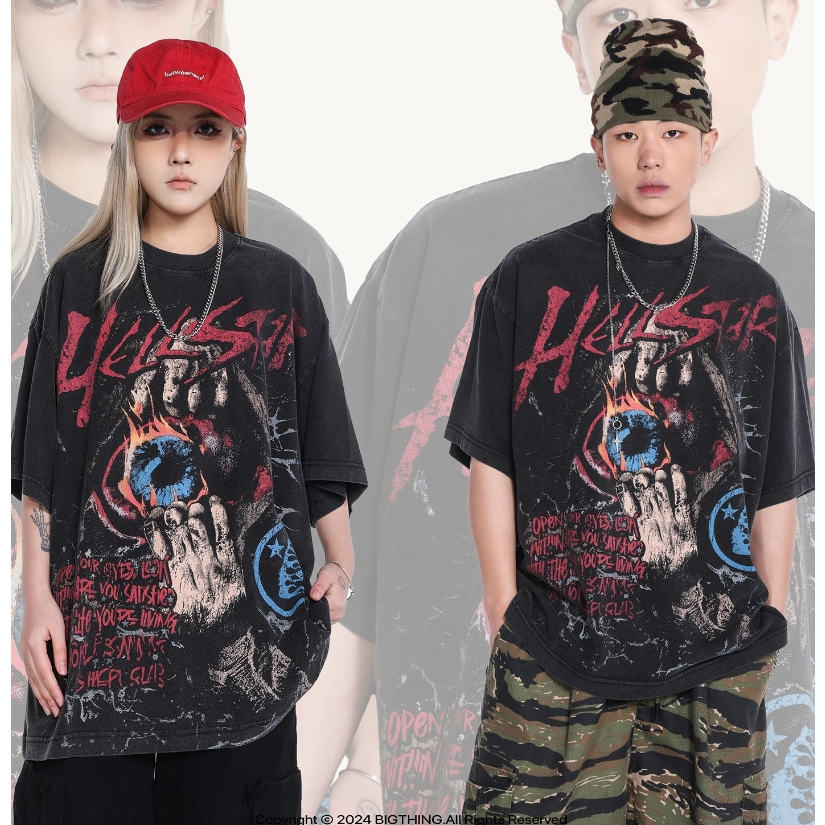 เสื้อยืด ทรงหลวม พิมพ์ลาย HELLSTAR สไตล์วินเทจ เหมาะกับฤดูร้อน สําหรับผู้หญิง และผู้ชาย