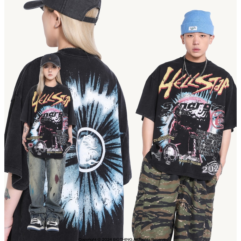 เสื้อยืด ทรงหลวม พิมพ์ลาย HELLSTAR สไตล์วินเทจ เหมาะกับฤดูร้อน สําหรับผู้ชาย และผู้หญิง