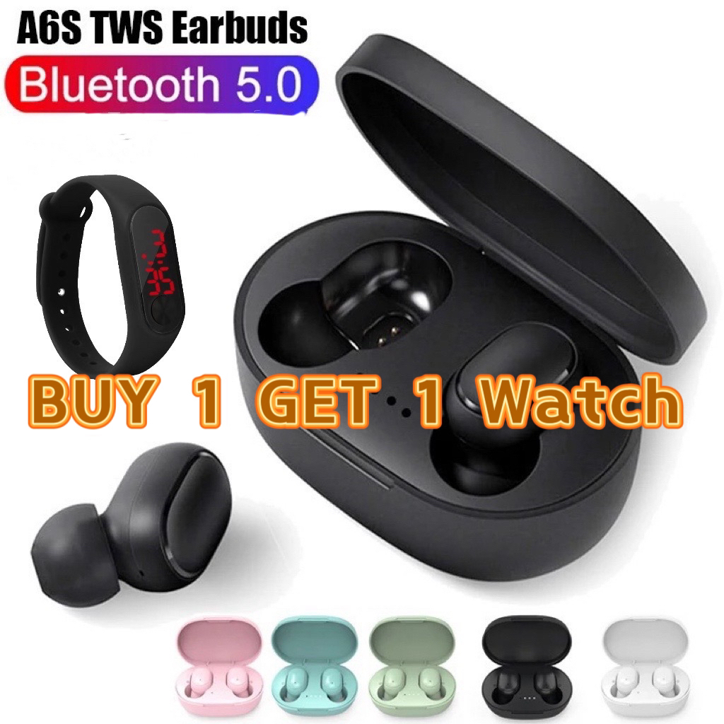ซื้อ 1 ฟรี 1 นาฬิกาEarbuds A6S หูฟังไร้สายพร้อมเคส, หูฟังบลูทูธขนาดเล็กเข้ากันได้กับ IOS และ Android
