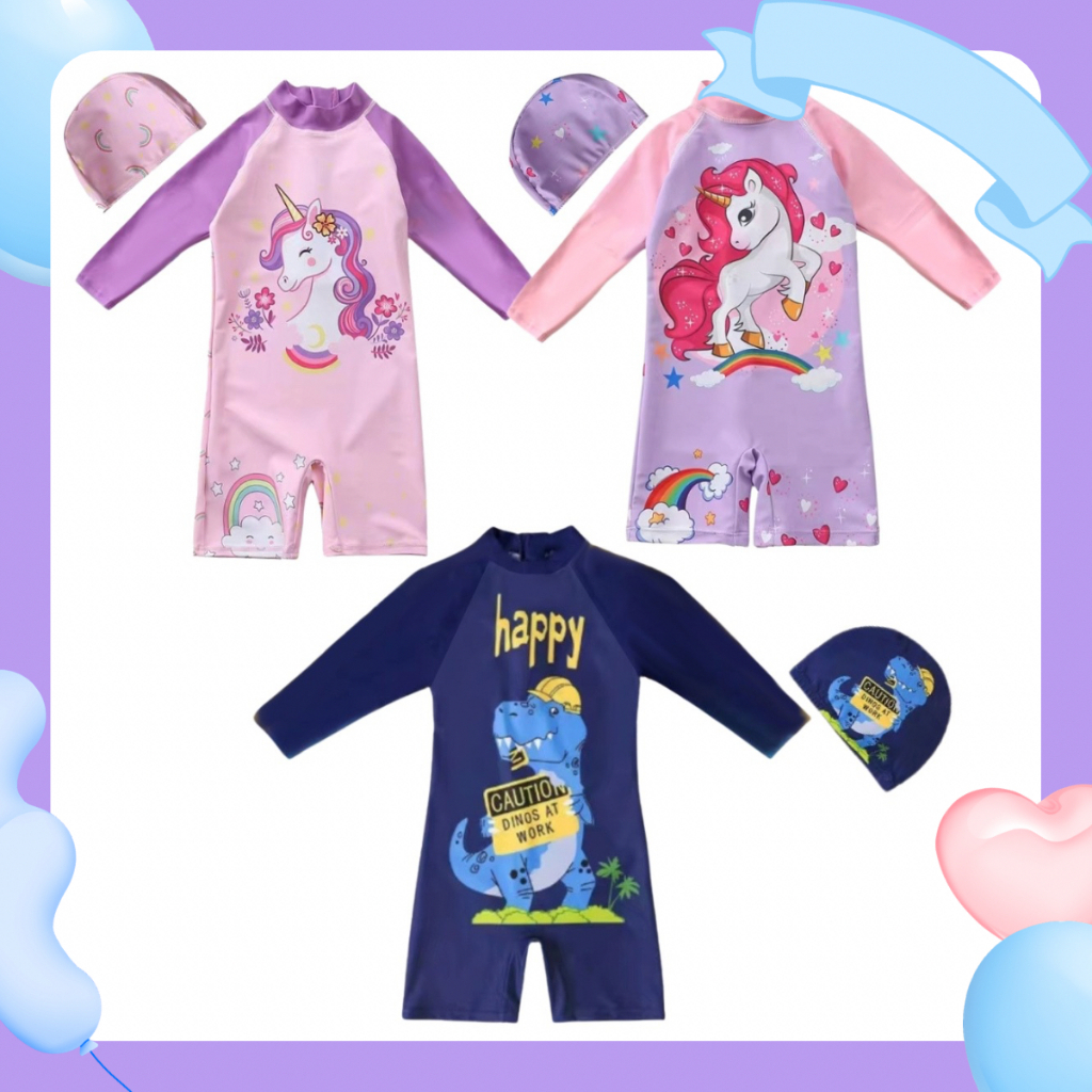 3-11 ปี Longsleeve/Shortsleeve Rushguard พร้อมหมวกคุณภาพสูง Dri-Fit Unicorn Dinosaur Design ชุดว ่ ายน ้ ําสําหรับเด ็ กหญิงและเด ็ กชาย