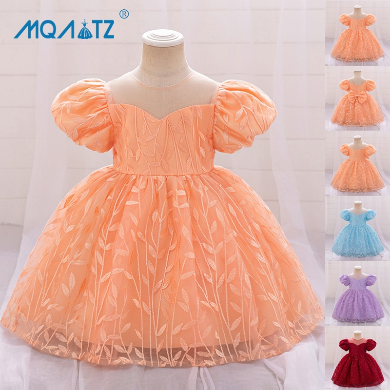 Mqatz ฤดูร้อนสีส้ม 1st วันเกิดชุดสําหรับเสื้อผ้าเด็กทารกพัฟแขน Baptism ชุดเจ้าหญิงดอกไม้สาวชุดพรรคชุ