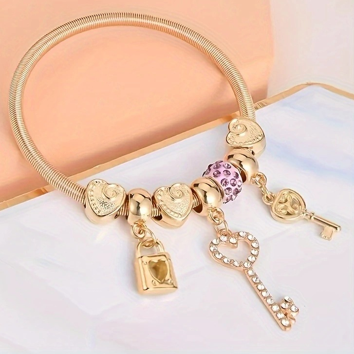 สร้อยข้อมือลูกปัดสแตนเลสสีทอง ทําเอง แฟชั่นเพชรจี้สร้อยข้อมือปรับได้