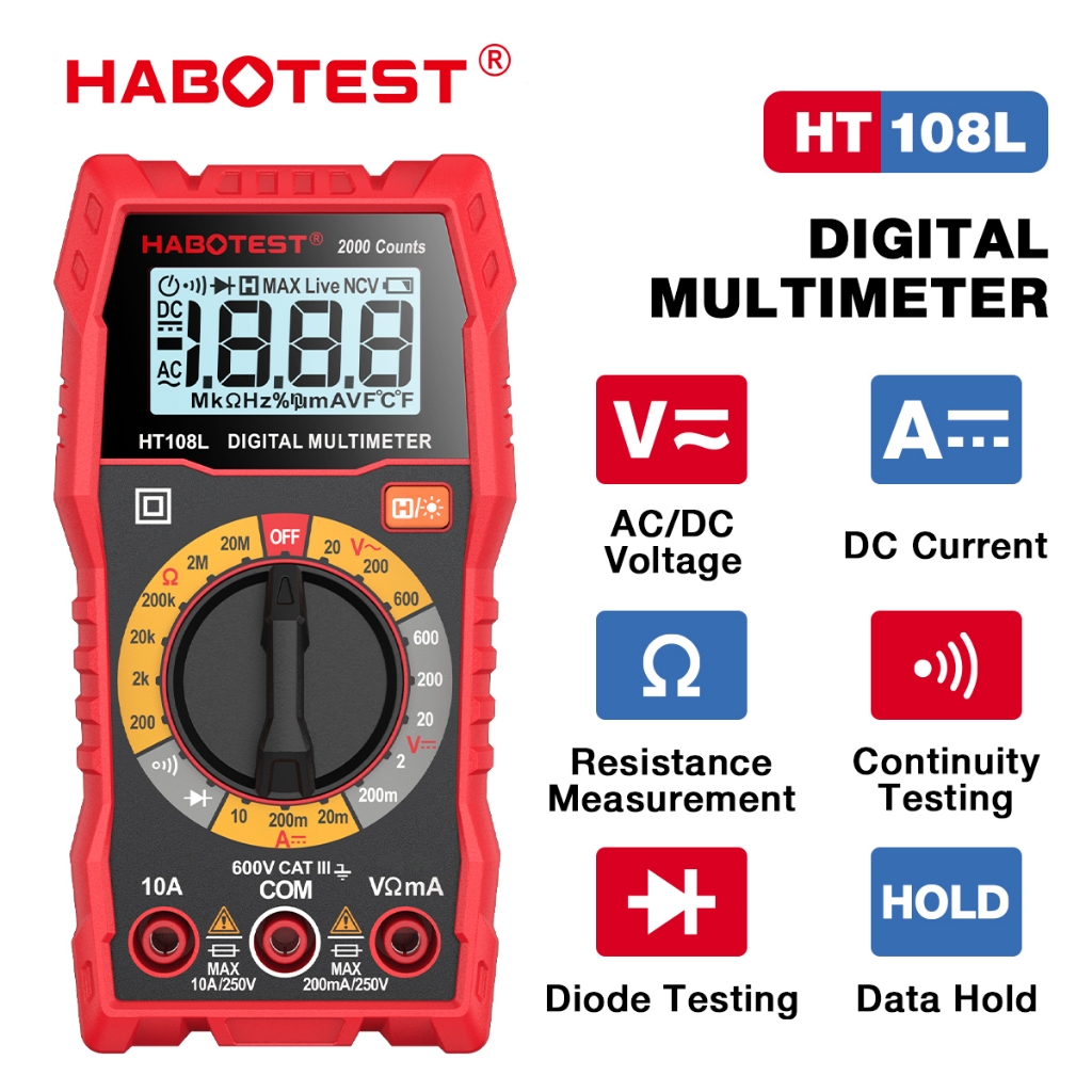 HABOTEST HT108L มัลติมิเตอร์ดิจิทัล 600V/10A AC/DC แรงดันไฟฟ้า 2000 นับ มัลติมิเตอร์ โวลต์มิเตอร์ แอมมิเตอร์ โอห์ม ทรานซิสเตอร์ ทดสอบ มัลติมิเตอร์ดิจิตอล