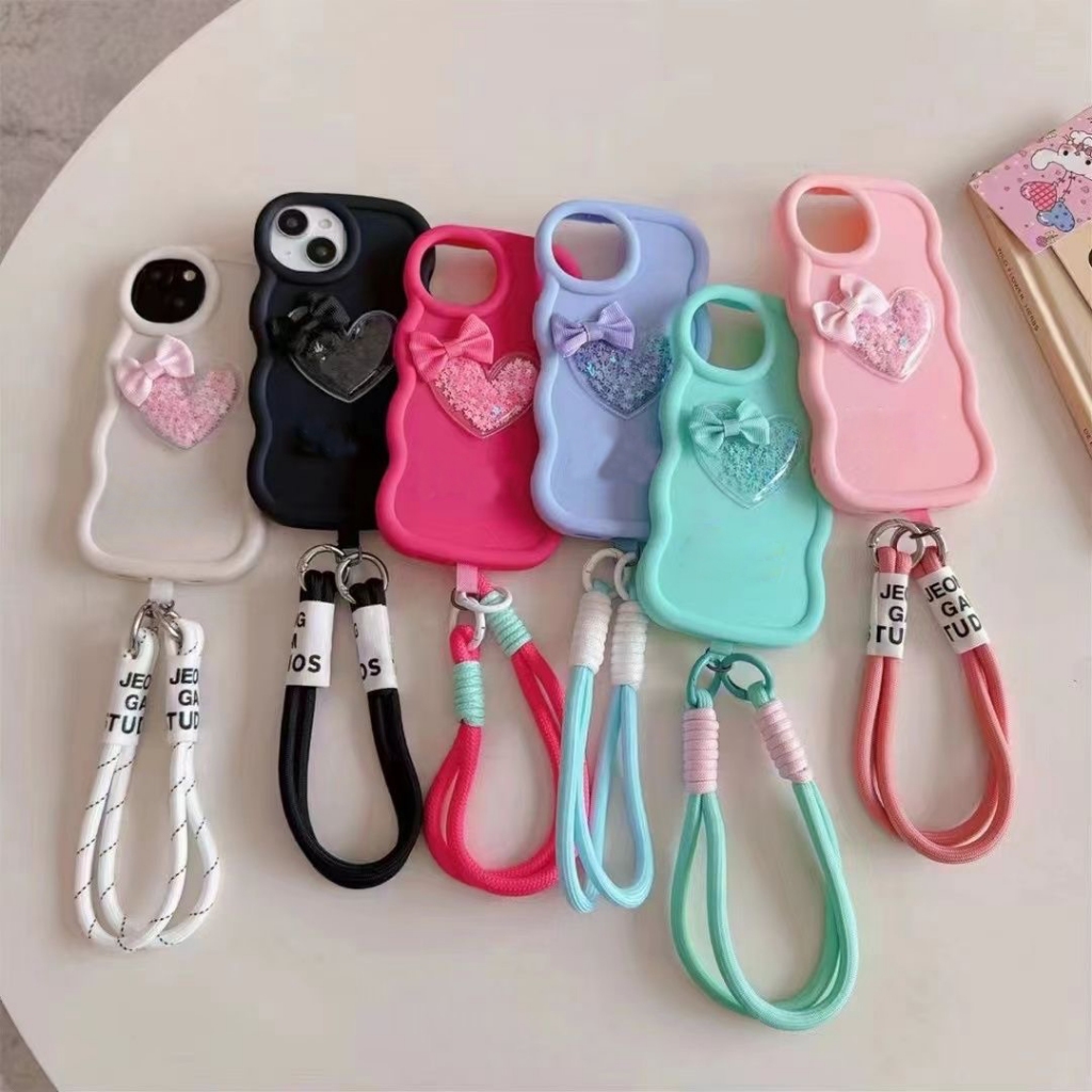 สําหรับiphone 11 13 Pro Max 12 15 Plus X XSดาวGlitterหัวใจผีเสื้อโบว์DIYสายคล้องมือสายรัดข้อมือเชือกเส้นเล็กกรอบหยิกนุ่มTPUกรณี