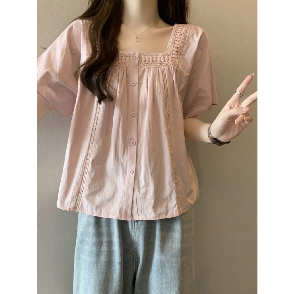 เสื้อเชิ้ตแขนสั้น แฟชั่นสไตล์เกาหลี เสื้อผู้หญิง ทรงหลวม กระดุม ตกแต่ง คล็อปป์