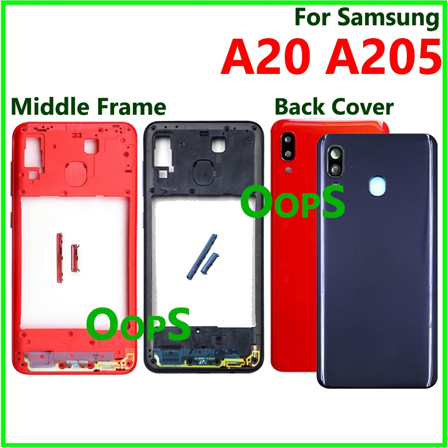 สําหรับ SAMSUNG A20 2019 A205 ฝาหลังแบตเตอรี่ + LCD กรอบกลาง Bezel ผู้ถือด้านหลังปุ่มประตูเลนส์กล้อง