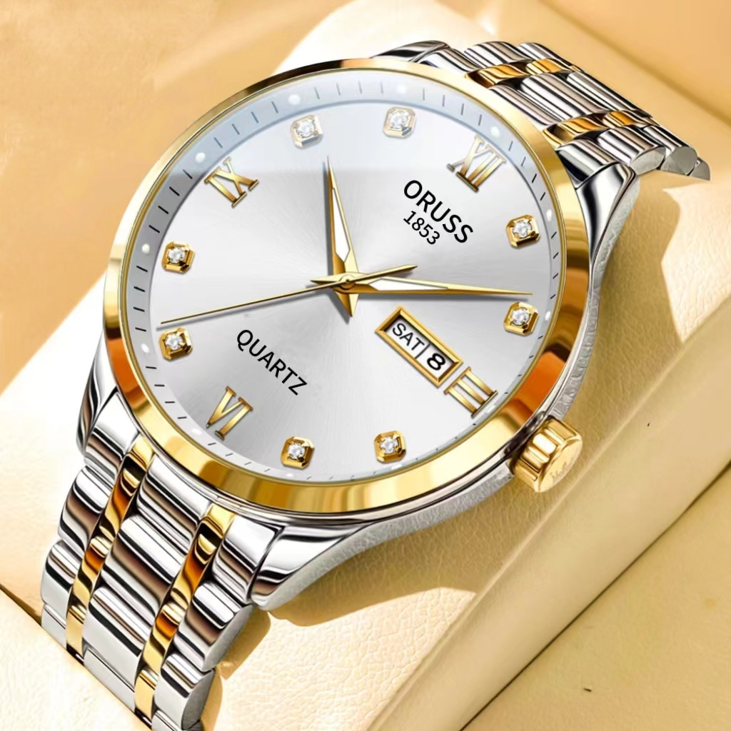 ORUSS รัส ต้นฉบับชาย/หญิงสแตนเลสปฏิทินคู่กันน้ําส่องสว่างหรูหรานาฬิกาแฟชั่นตัวชี้ทองเวอร์ชั่นเกาหลีนาฬิกาข้อมือชาย