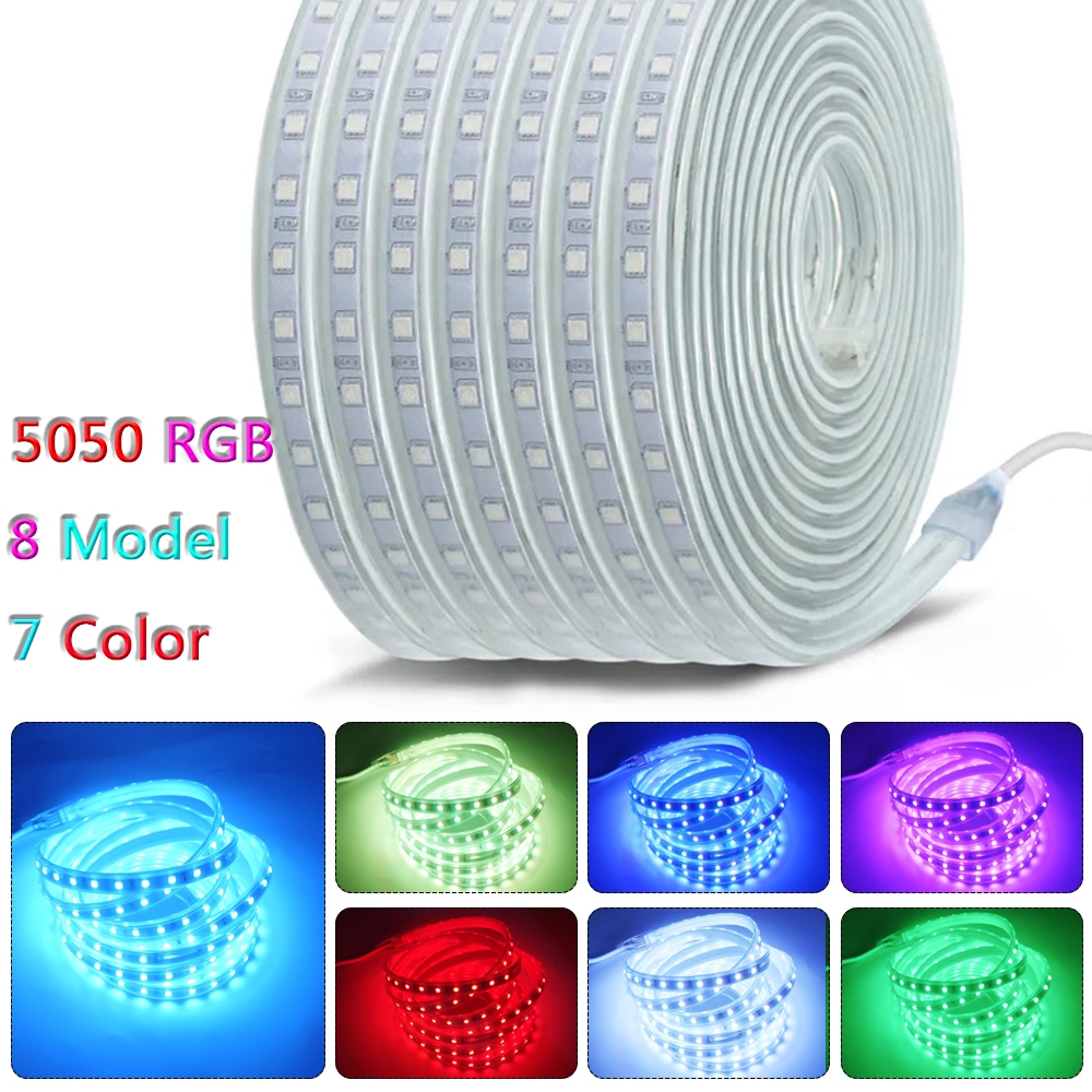 สายไฟ LED 5050 220V RGB ยืดหยุ่น กันน้ํา พร้อมปลั๊กสวิตช์ สําหรับตกแต่งปาร์ตี้ โรงแรม บ้าน